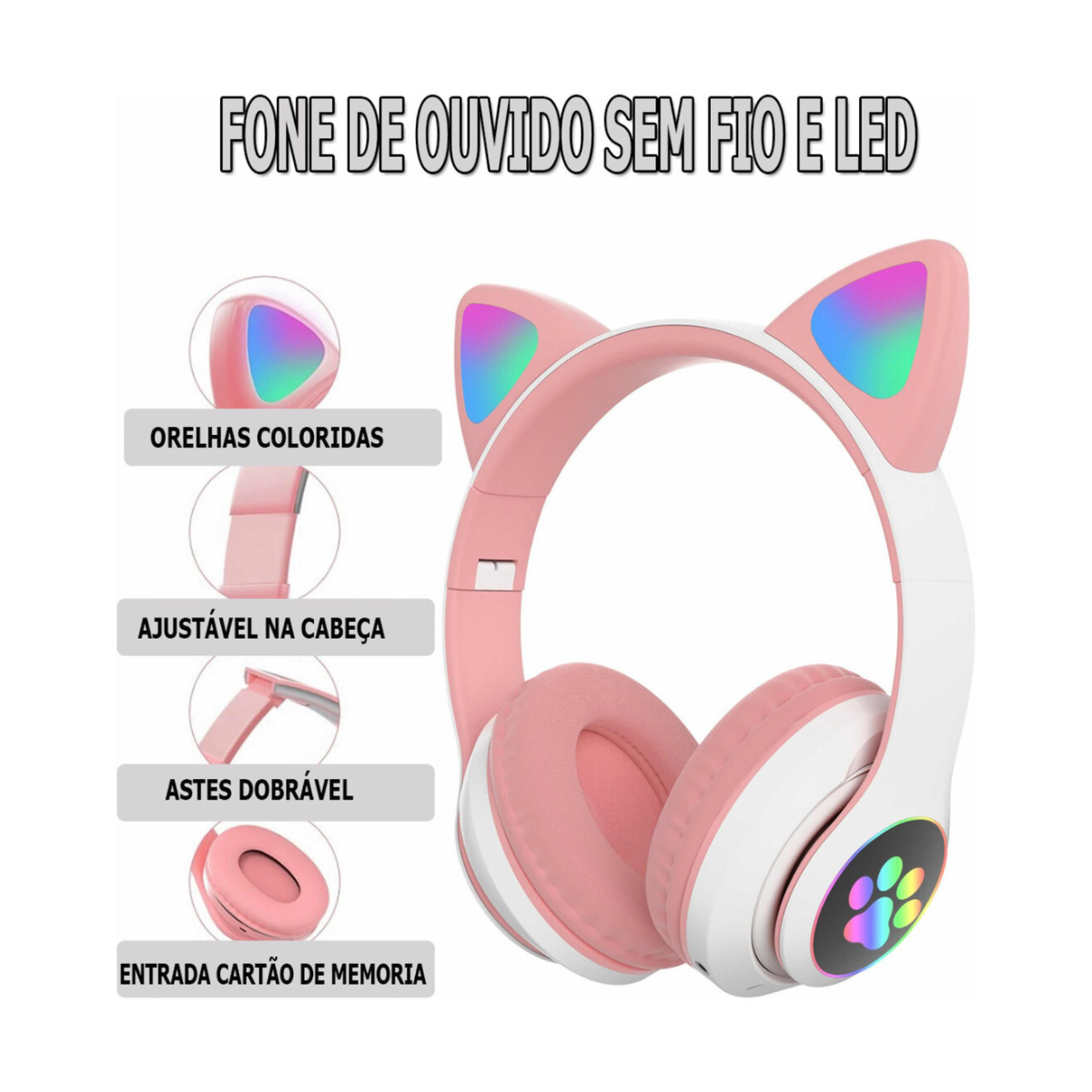 ALFA Fone Orelha De Gato Gatinho Headphone Led Sem Fio Com Microfone