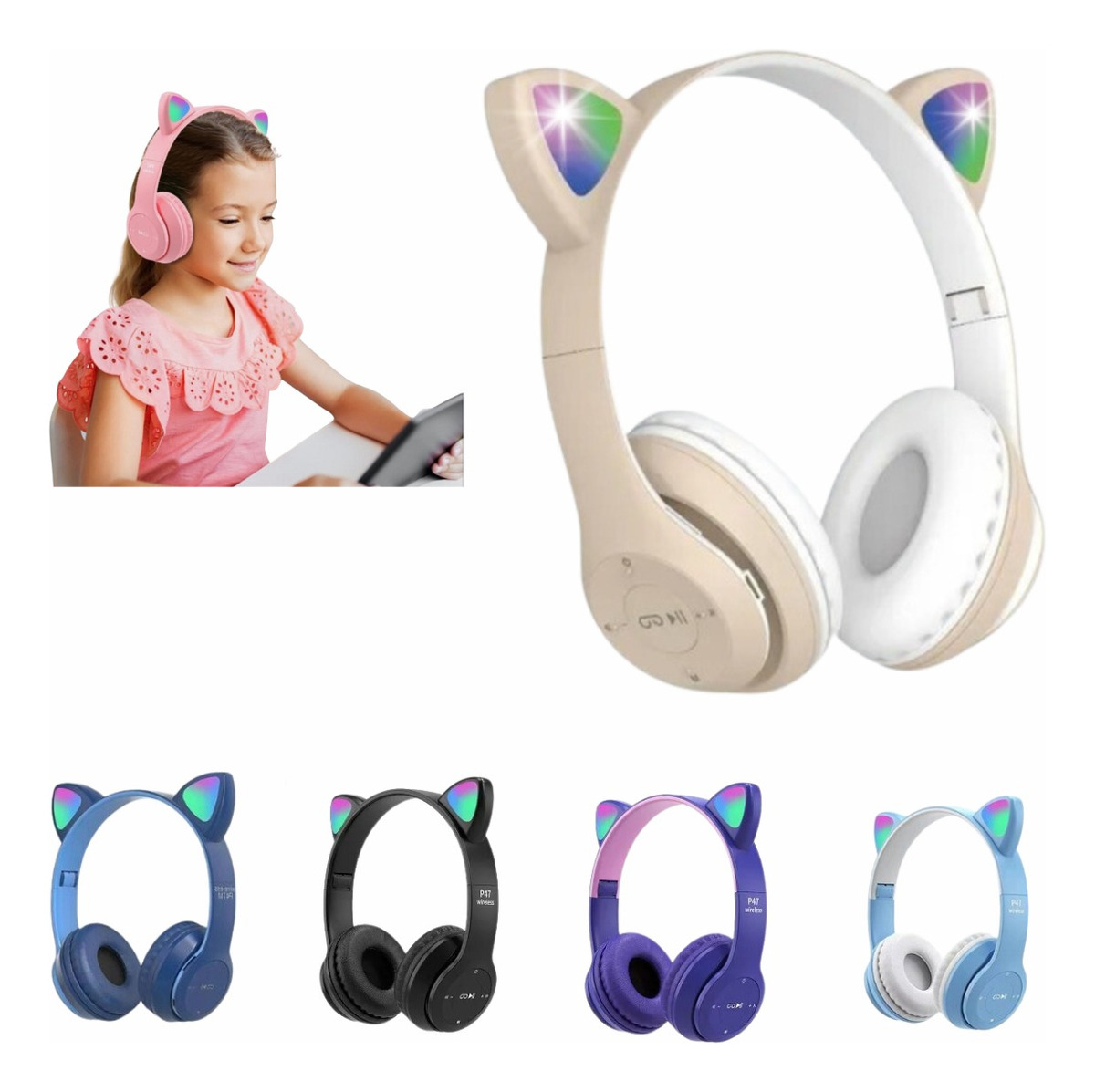 Fone Gatinho Sem Fio Led Bluetooth Infantil Orelha Gato Cat